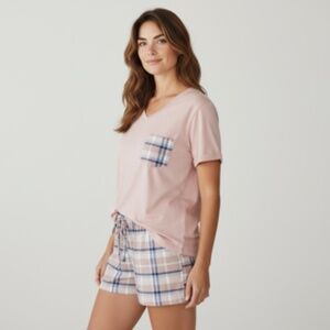 NWOT Ekouaer 2pc V-neck Rose Pink/Blue Plaid Pajamas Short Set Size M